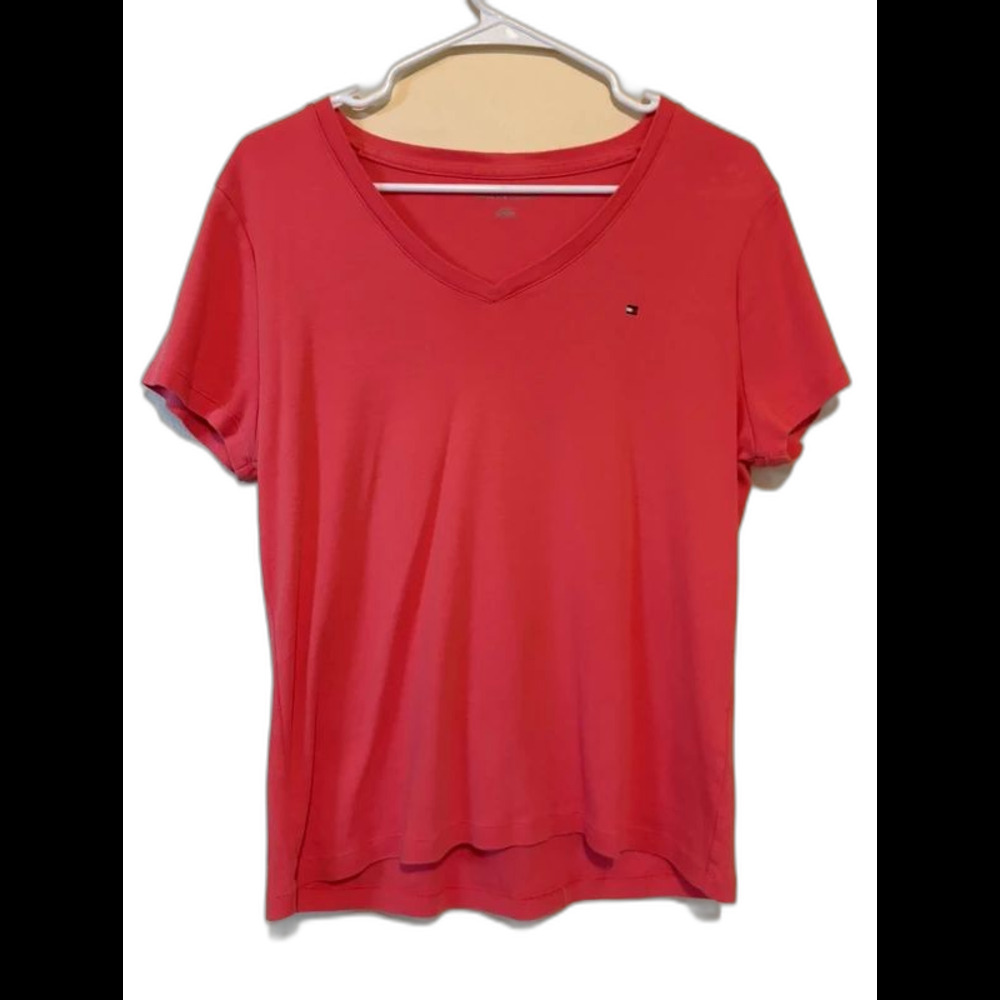 Tommy Hilfiger Women's Coral Pink V-Neck Short Sleeve Logo Tee Size XL